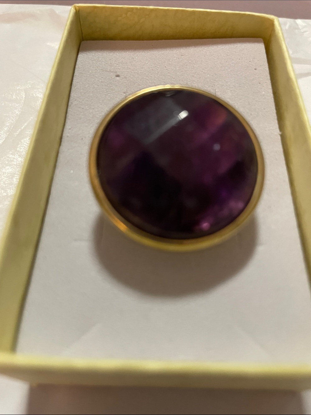 Gold-Tone Ring with Deep Purple Faceted Stone Size 8